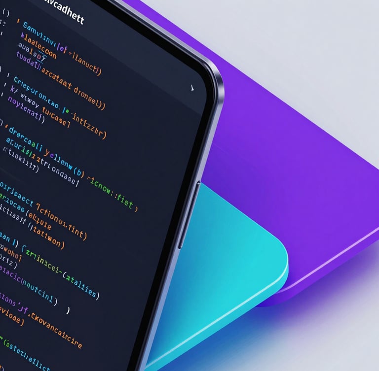 Angled high-fidelity dark-mode UI mockup displaying sleek code blocks on the left, transitioning into vibrant electric violet and cyan branding assets on the right, high-contrast studio lighting with neon edge-glows, clean isometric composition.