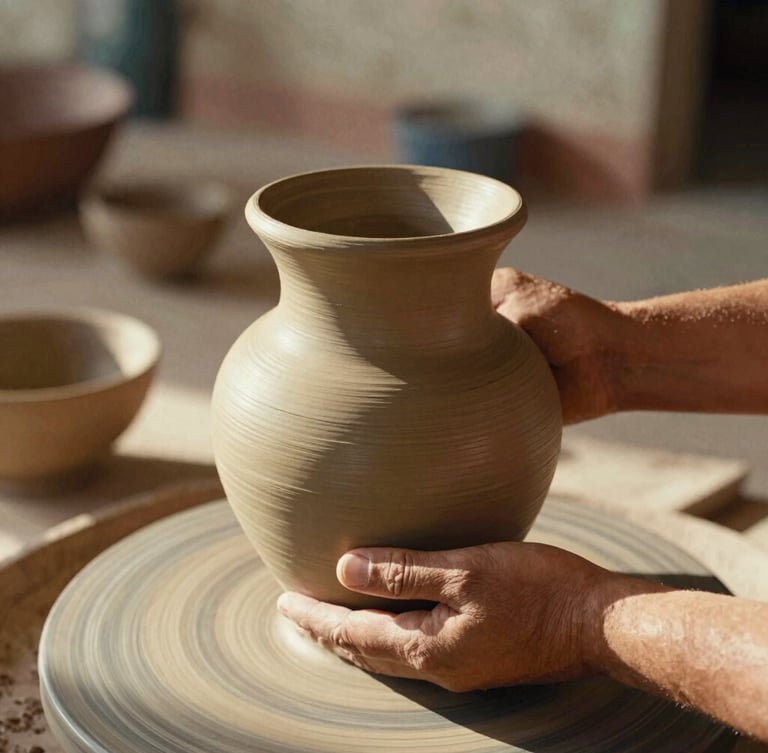 Close-up of hands holding an organic clay vessel in a sunlit Oaxacan workshop, warm natural light, 35mm film style.