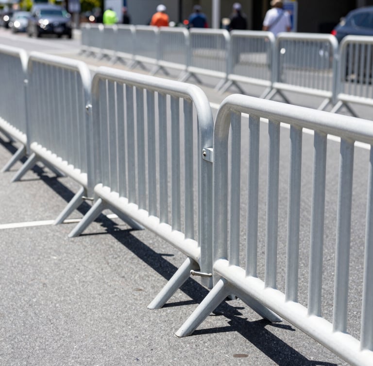 Crisp medium shot of interlocking steel pedestrian barriers deployed along a clean New Zealand street during a public event, bright natural daylight, 35mm lens.