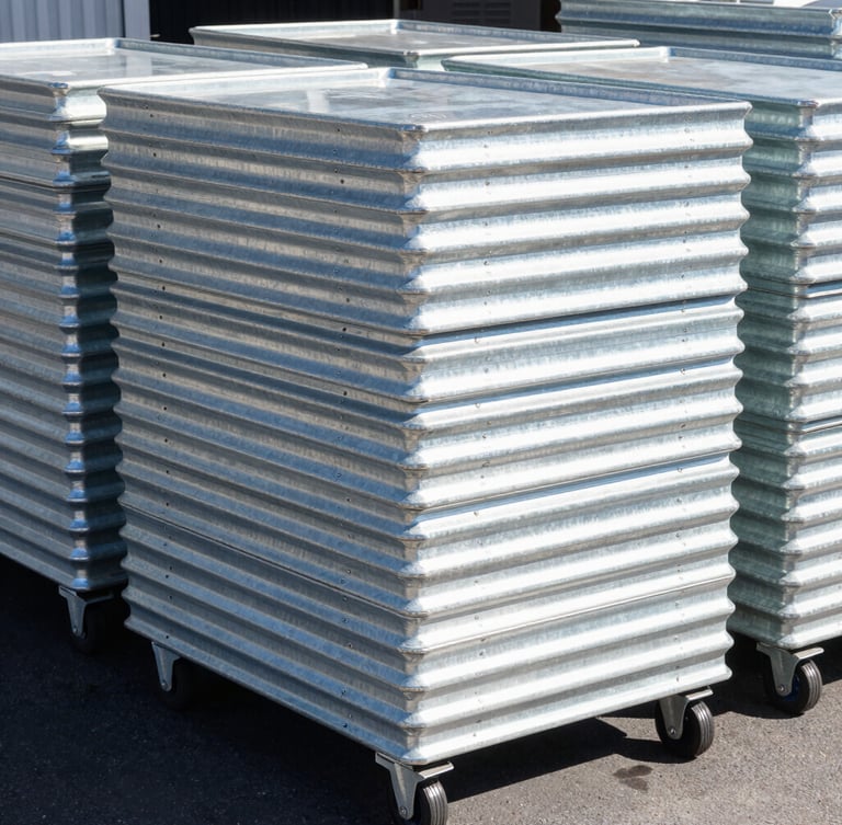 Bright outdoor commercial photography of clean hot-dip galvanized crowd control barriers stacked neatly in an Auckland dispatch yard, sharp focus, morning light.