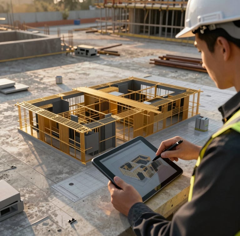Close-up of an engineer analyzing a highly detailed 3D structural BIM model on a tablet over a clean, organized concrete construction site, morning light