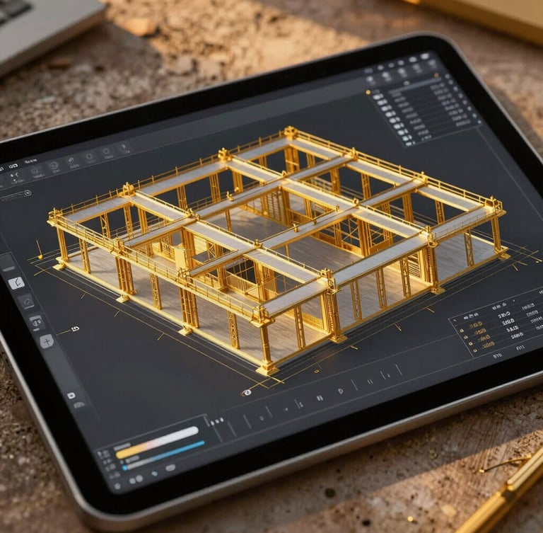 Close-up of a tablet displaying a complex BIM structural model on a clean construction site, golden hour lighting, precise gold accents, high-contrast premium feel.