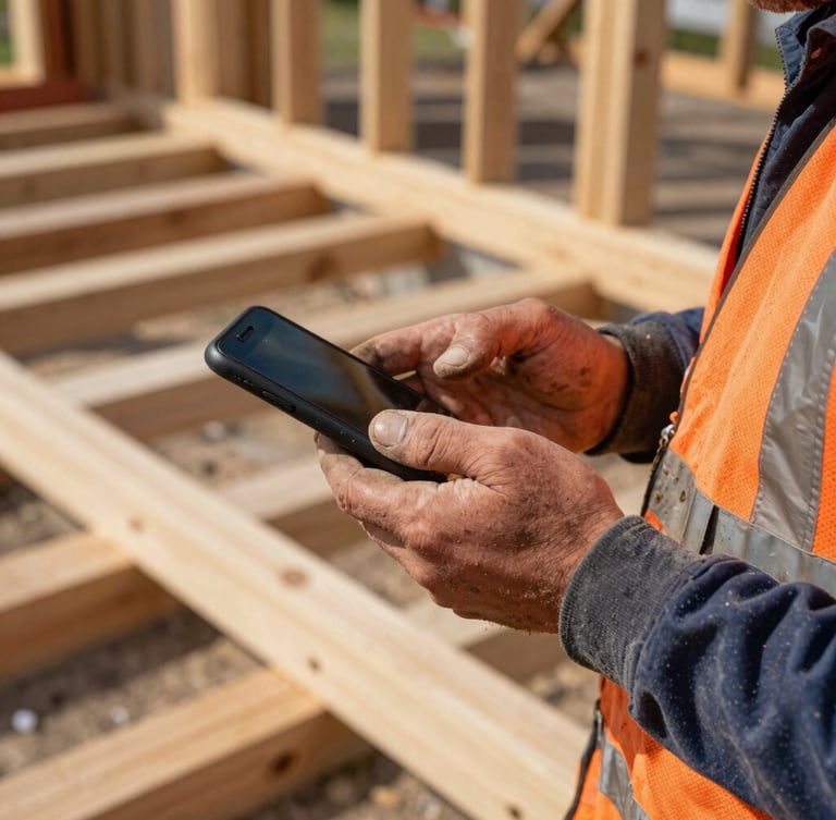 Close-up of a contractor's dusty hands holding a smartphone on an active wood framing job site, high-contrast natural daylight, sharp focus 35mm lens