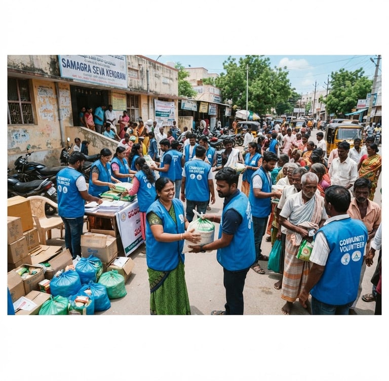 Wide environmental shot of active community volunteers in blue vests coordinating public welfare materials in Guntur under bright natural daylight