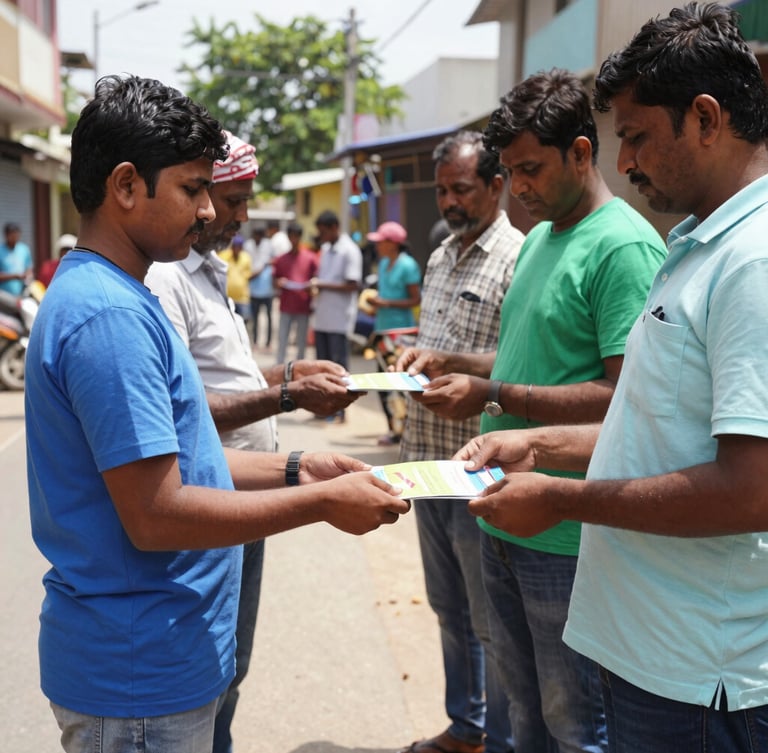 Documentary photo of local Guntur volunteers in bright natural daylight, distributing educational pamphlets to residents on a clean street, authentic setting, 35mm lens