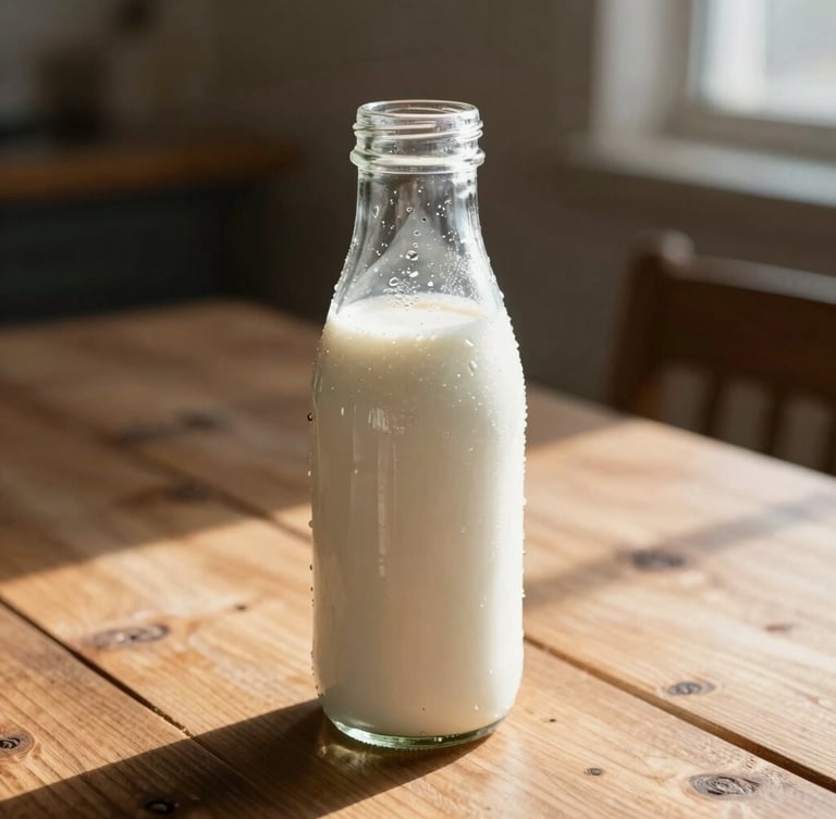 A condensation-covered glass milk bottle standing on a rustic wooden table in bright morning sunlight, soft shadows, shallow depth of field, 35mm