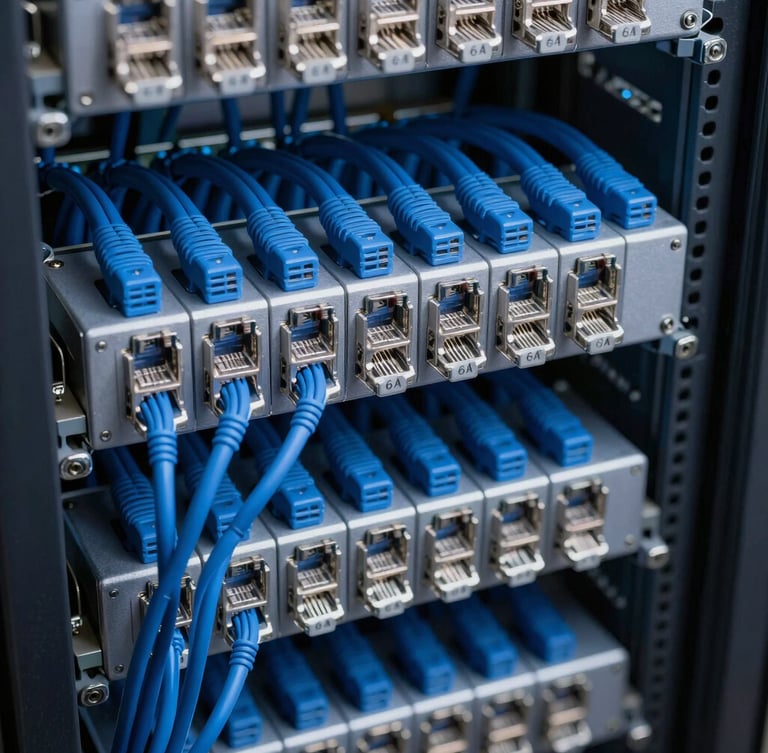 Macro shot of perfectly organized category 6A blue ethernet cabling inside a clean, dust-free server rack, cool technical lighting.