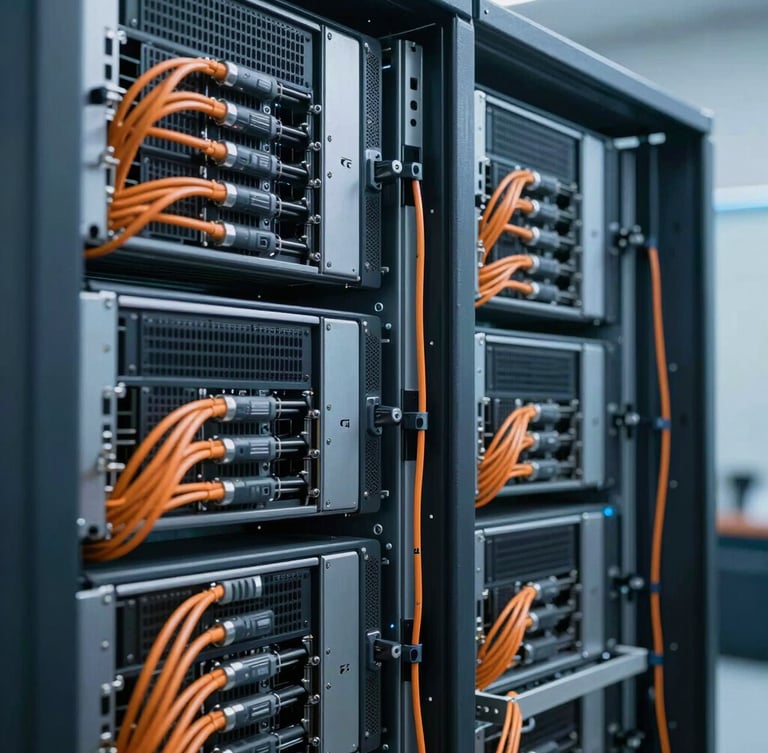 Vista lateral en perspectiva de un rack de servidores impecablemente ordenado, cableado estructurado azul y naranja perfectamente peinado, iluminación técnica fría y limpia.