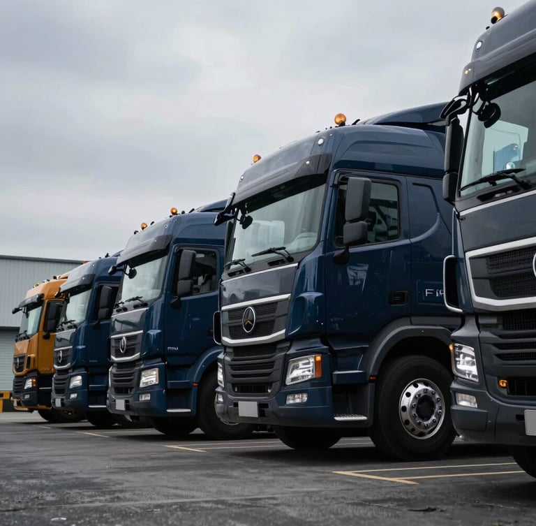 Heroic low-angle shot of a clean, modern heavy-duty truck fleet lined up in an industrial yard, overcast daylight, sharp details, 35mm