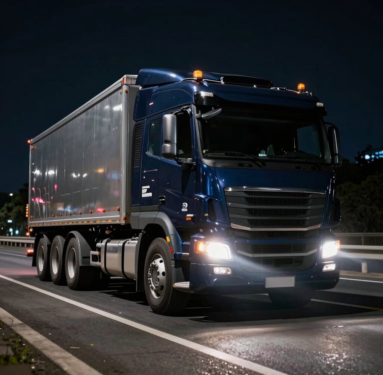 Dramatic low-angle shot of a modern heavy-duty truck on a highway at night, long exposure headlight trails, deep navy and metallic tones, sharp details, 35mm