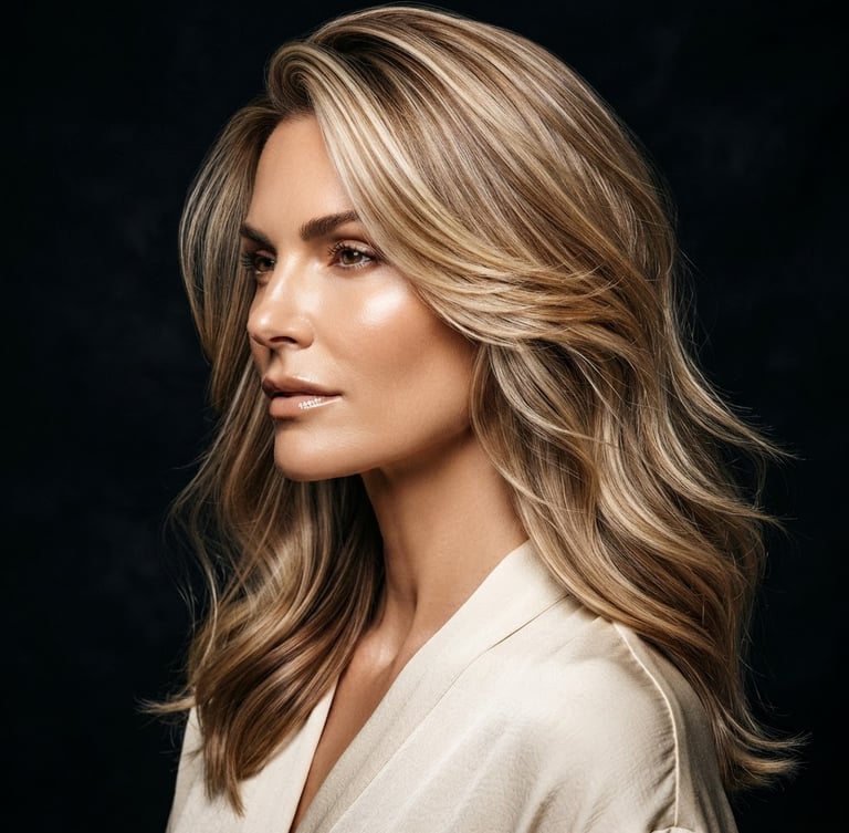 High-contrast editorial hair portrait, sharp studio lighting on dimensional blonde hair, deep obsidian background, highlighting gloss and texture, 85mm lens