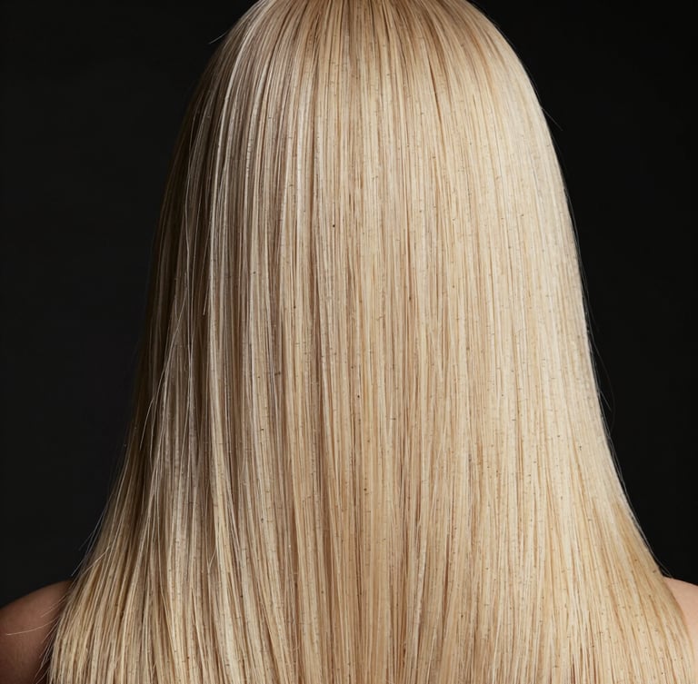 Stark studio-lit hair portrait showcasing high-definition shine and precise structural dimension, deep obsidian background, warm cream tones, 85mm lens