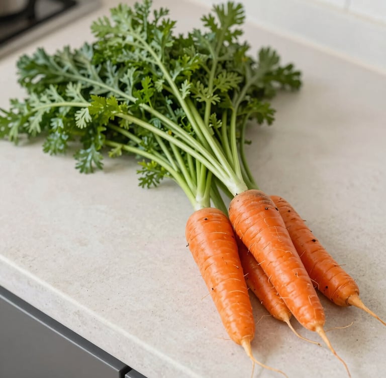 Top-down flat lay of freshly harvested organic heirloom carrots and leafy greens on a light stone kitchen counter, bright natural morning daylight, shallow depth of field