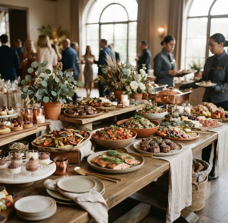 Wide shot of an elegant buffet table set up for an event, with various gourmet dishes beautifully arranged. Soft natural daylight illuminates the scene, highlighting warm desaturated earth tones and elegant styling. Professional staff are subtly visible in the background, 35mm.