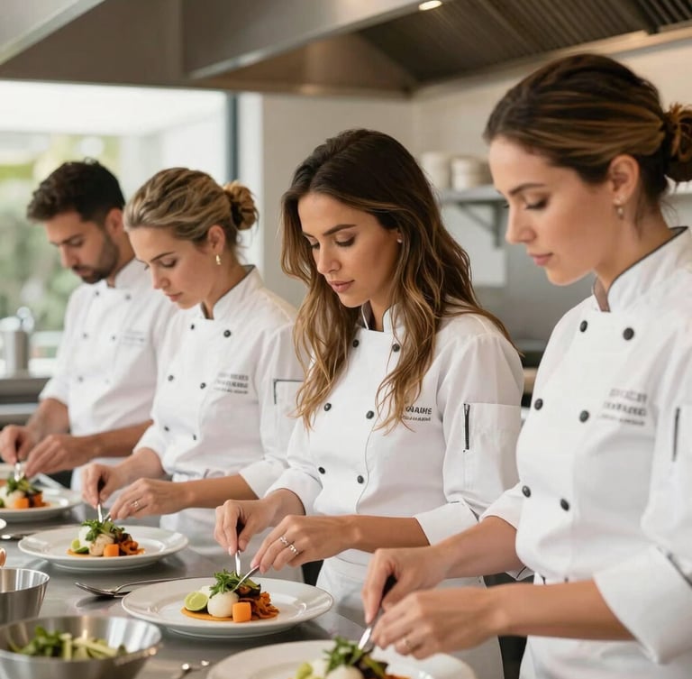 Portrait-oriented shot of Chef Vanessa Barbosa and her team in a professional kitchen, focused on preparing a dish, soft natural daylight, warm desaturated earth tones, elegant styling, shallow depth of field, 35mm, professional photography.