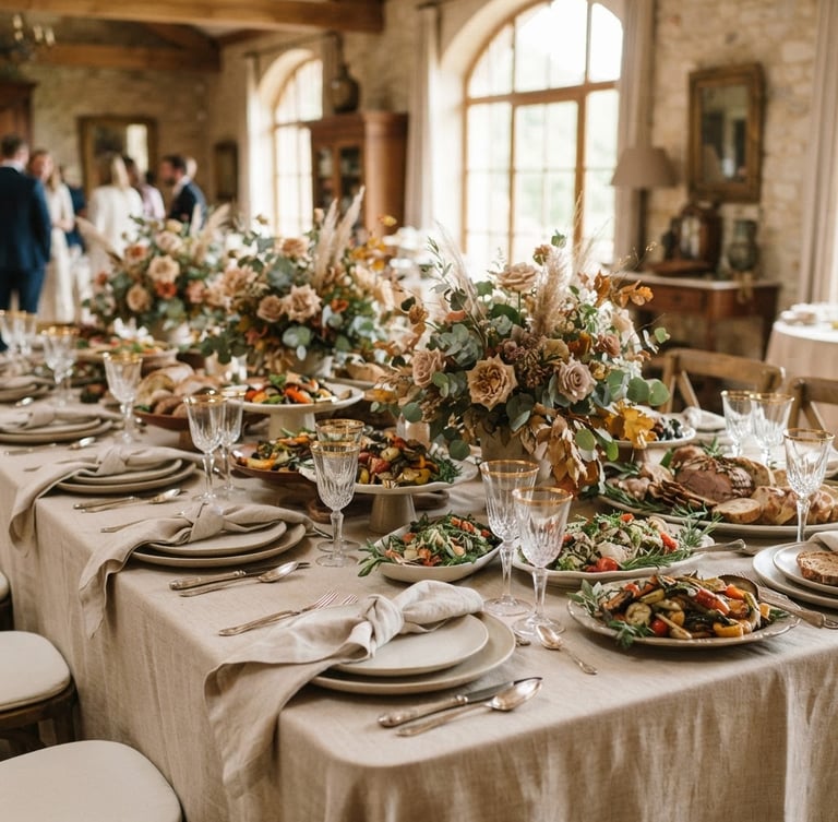 Wide shot of a beautifully set buffet table with elegant place settings and floral arrangements, soft natural daylight, warm desaturated earth tones, elegant styling, shallow depth of field, 35mm, professional photography.