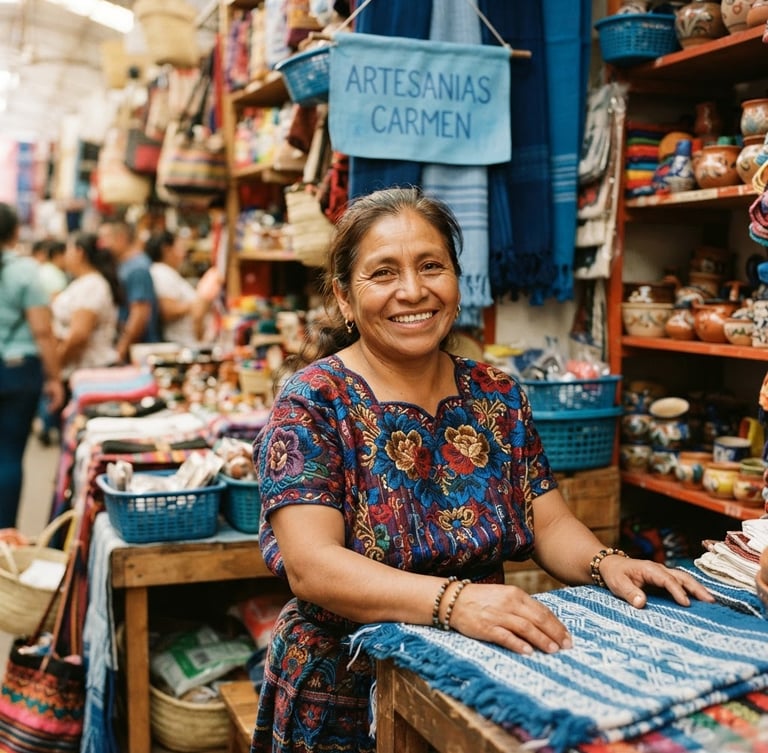 Close-up of a Salvadoran merchant smiling in her vibrant market stall, warm natural golden daylight, corporate blue accents, 35mm