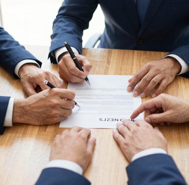 Close-up of friendly hands signing a credit agreement on a clean wooden desk, warm natural daylight, professional cooperative environment