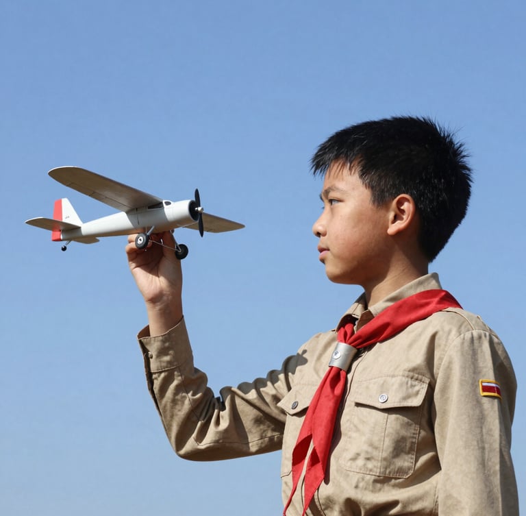 A young scout in uniform looking at a small model airplane under bright daylight, clear blue sky in the background.