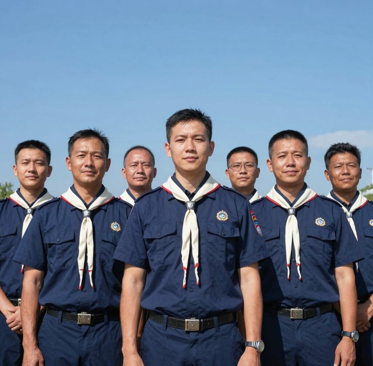 A group of adult scout leaders in navy blue uniforms standing together outdoors under a bright blue sky, smiling confidently, medium shot.