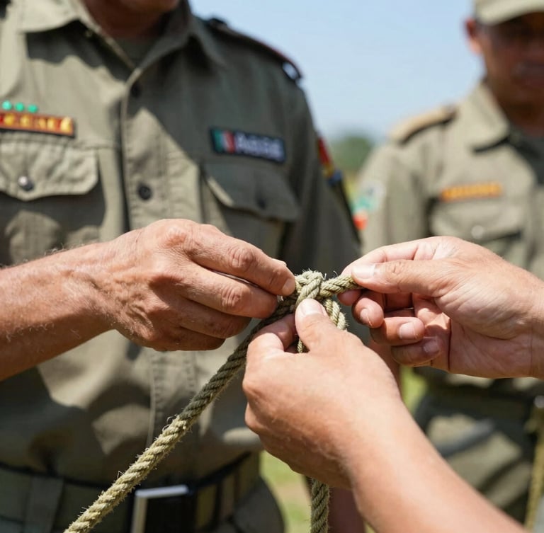 Military officers in green uniforms demonstrate how to tie a secure knot with a thick rope.