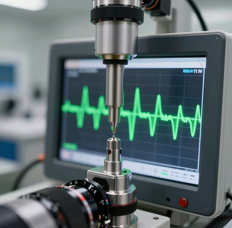 Macro close-up of high-tech ultrasonic testing interface displaying sharp green waves on a dark screen in a clean industrial facility