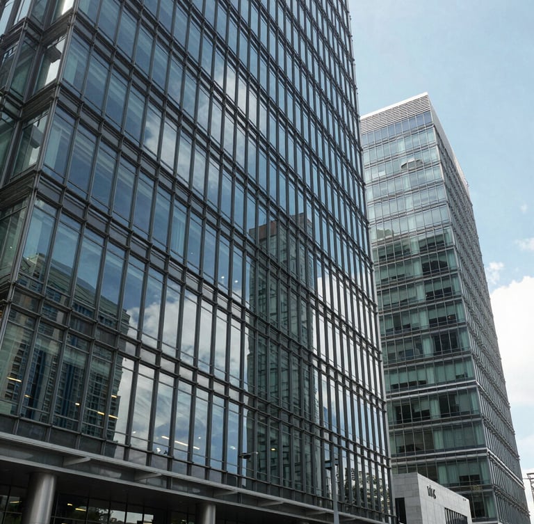 Wide panoramic view of modern glass office architecture in Malabo II, sharp geometric lines, clean reflections under crisp daylight, high-contrast corporate framing.