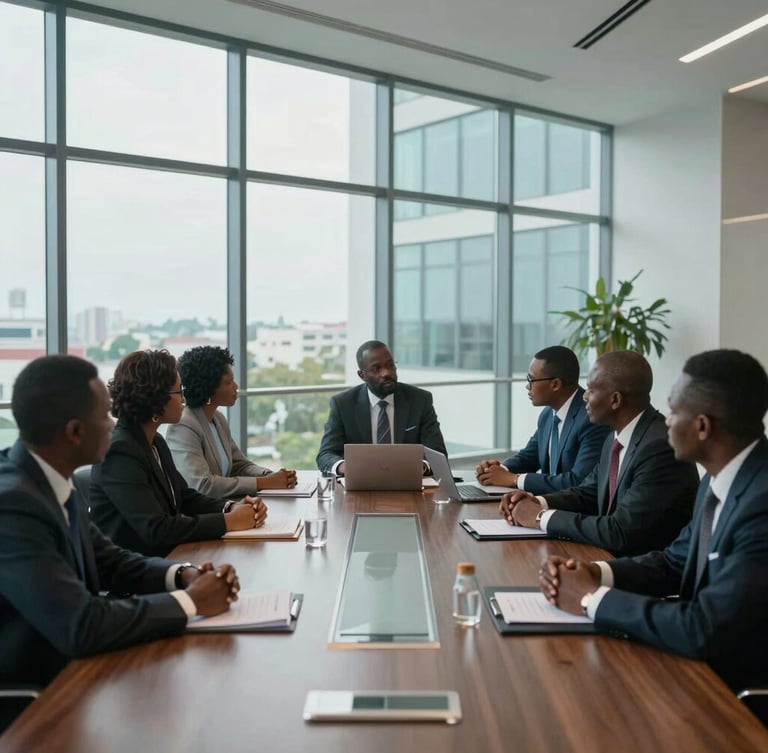 Wide-angle corporate boardroom in Malabo, diverse African executives in discussion, cool daylight streaming through glass facade, high-end architectural lines.