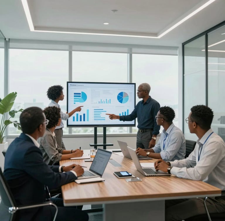 Wide environmental shot of a modern corporate boardroom in Malabo, clean architectural lines, cool daylight, diverse Central African executives analyzing digital charts.