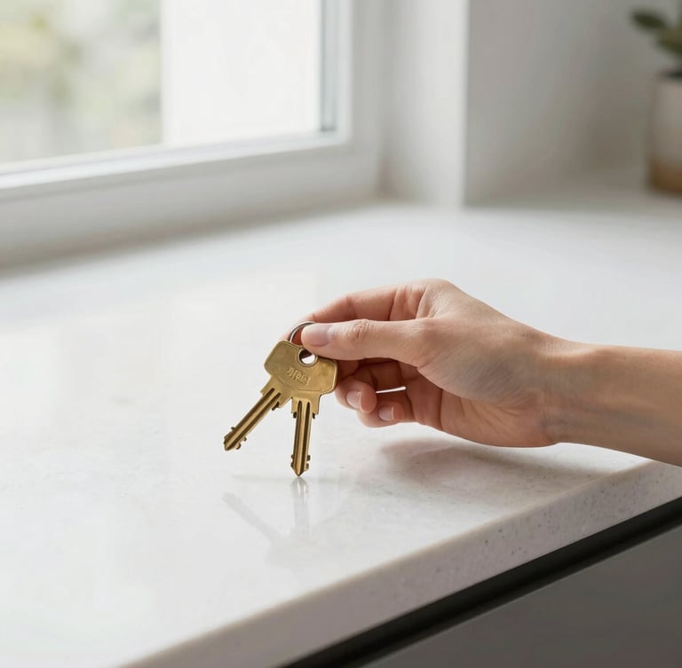 Close-up detail shot of hands holding a brass apartment key over a clean, modern white quartz countertop, soft natural window lighting, high-end real estate editorial.