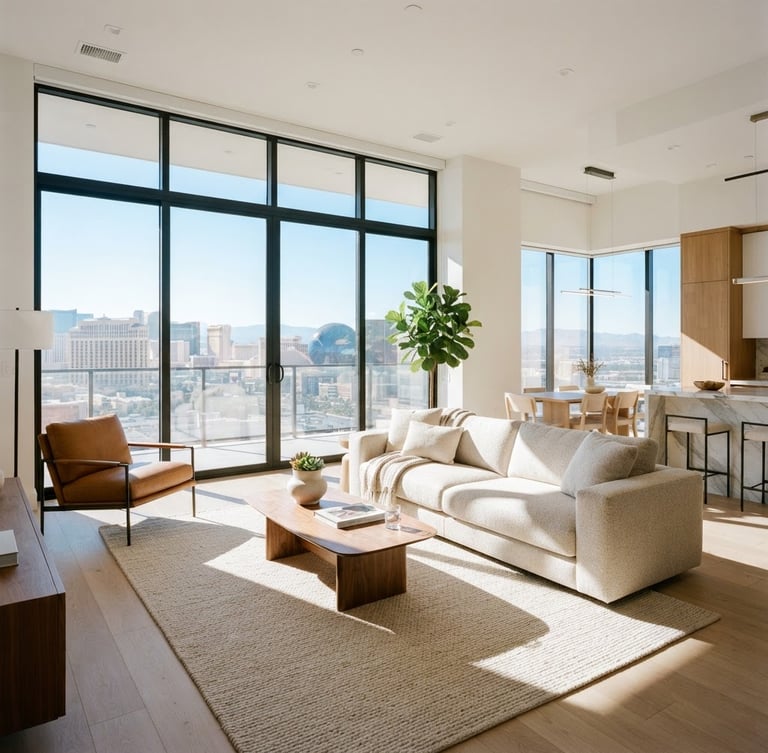 Bright high-key architectural photograph of a modern Las Vegas apartment living room, natural morning sunlight streaming through wide windows, soft shadows on clean minimalist furniture, 35mm lens real estate editorial.
