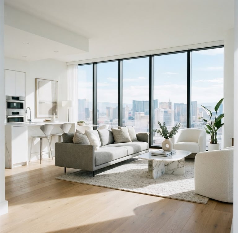 Bright high-key architectural photograph of a modern Las Vegas apartment interior, sunlight streaming through clean windows, minimalist furniture, 35mm lens.
