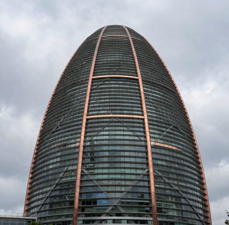 Dignified low-angle shot of the Baku terminal steel framework, dramatic overcast daylight, monumental scale, steel gray and copper accents.