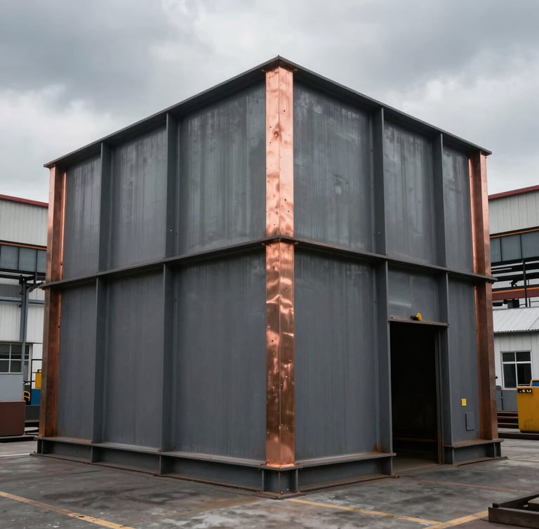 Industrial editorial photography of a massive steel fabrication workshop, dramatic overcast daylight, steel gray and copper tones, sharp focus, 35mm lens