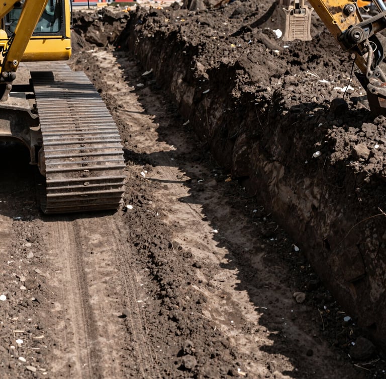 Low-angle shot of clean foundation trench in dark soil, heavy yellow excavator tracks visible on the left, high-contrast daylight.