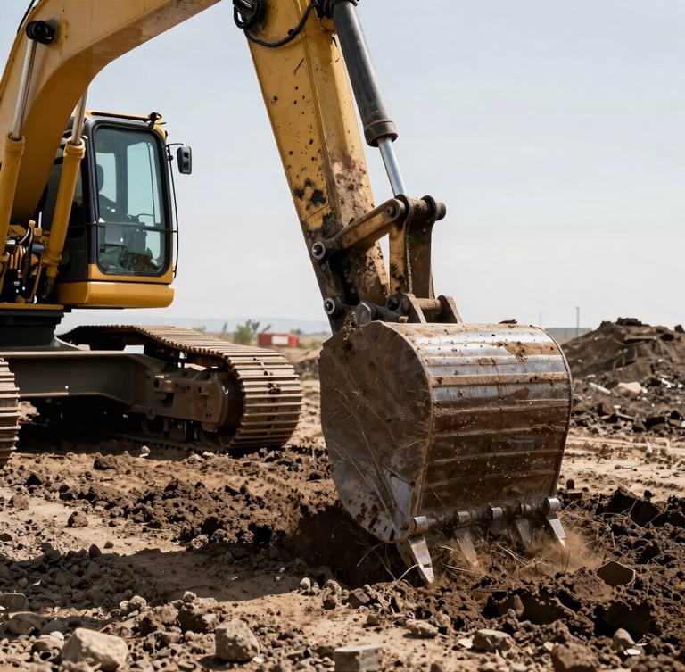 Low-angle heroic shot of a yellow excavator bucket digging into dark Yakima Valley soil, harsh high-contrast daylight, raw earth and steel textures, 35mm