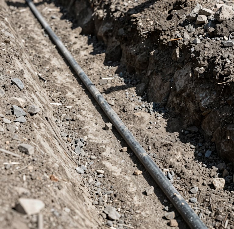 A close-up of a freshly dug clean trench with utility lines laid out, raw gravel texture, high-contrast daylight, 35mm
