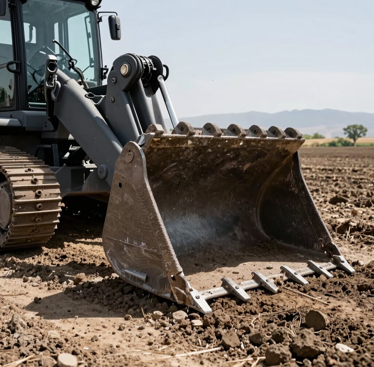Low-angle gritty shot of a modern backhoe bucket resting on dark soil, Yakima Valley fields in the background, harsh daylight, 35mm
