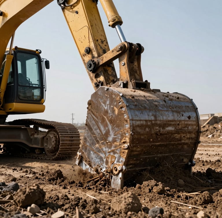 Low-angle heroic shot of a yellow excavator bucket digging into dark Yakima Valley soil, high-contrast daylight, raw earth and steel textures, 35mm