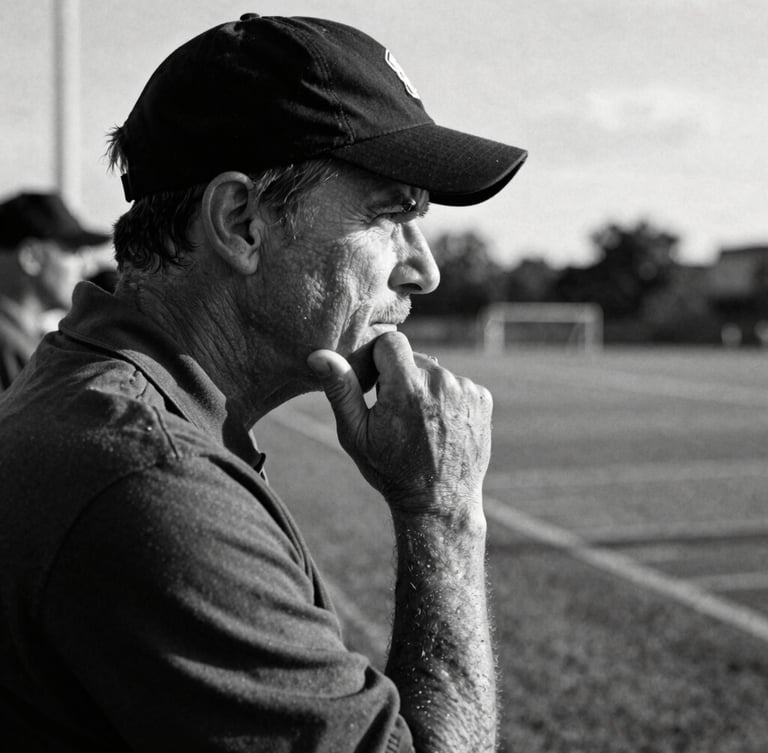 Candid medium close-up of a thoughtful football coach on the sidelines, deep shadows, natural overcast daylight, high-contrast black and white, film grain.