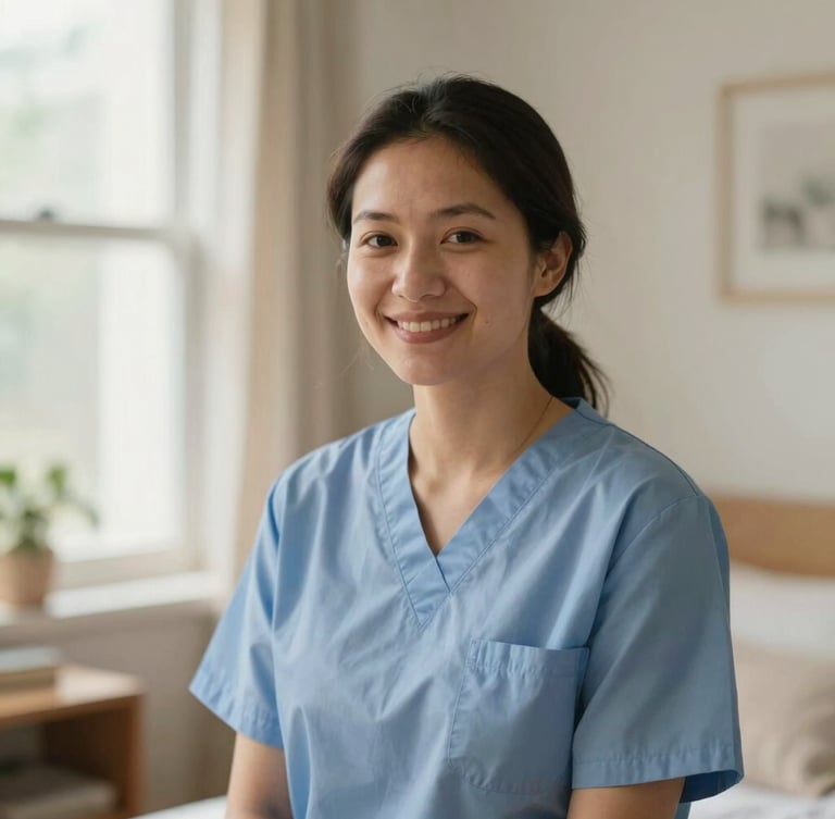 Warm editorial portrait of a local caregiver smiling gently in a sunlit home, soft natural window light, 35mm.