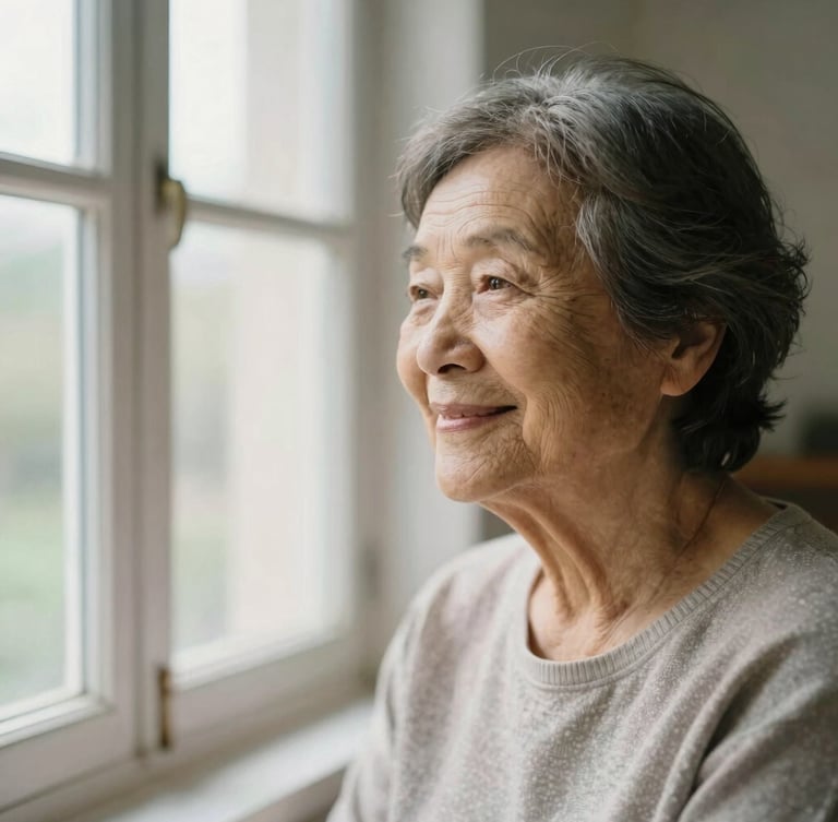 Warm editorial portrait of an elderly woman smiling gently while looking out a sunlit window, soft natural light, shallow depth of field, 35mm.