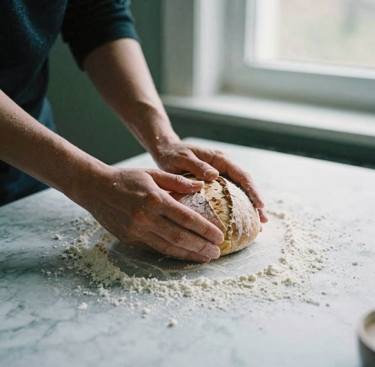 Hands kneading sourdough on a floured marble counter under soft, diffused Scandinavian window light, deep natural shadows.