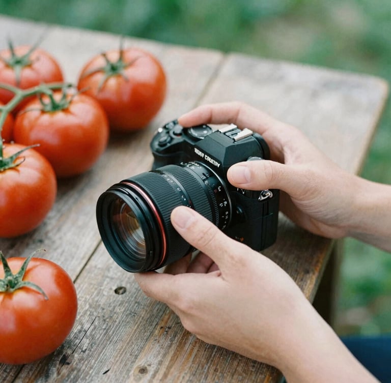 Close-up of hands adjusting a camera lens over a rustic wooden prep table with fresh heirloom tomatoes, soft diffused daylight, shallow depth of field, 35mm film.