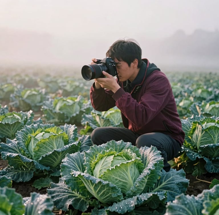 A photographer adjusting a camera lens in a misty, sunlit vegetable field at dawn, dew on cabbage leaves, soft natural lighting, cozy editorial style.