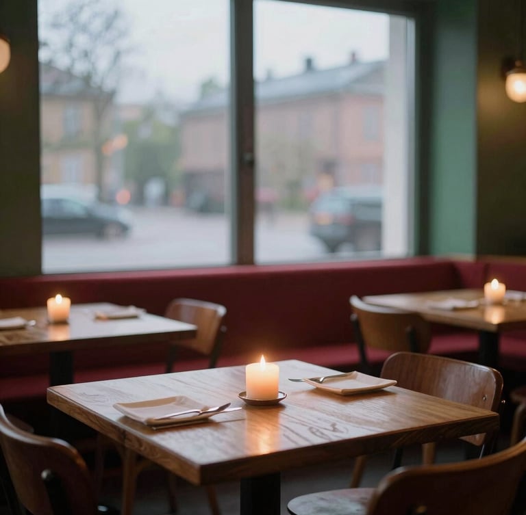 A cozy Scandinavian-style restaurant dining room at dusk, soft warm candle light on empty wooden tables, misty window looking out to a quiet street.