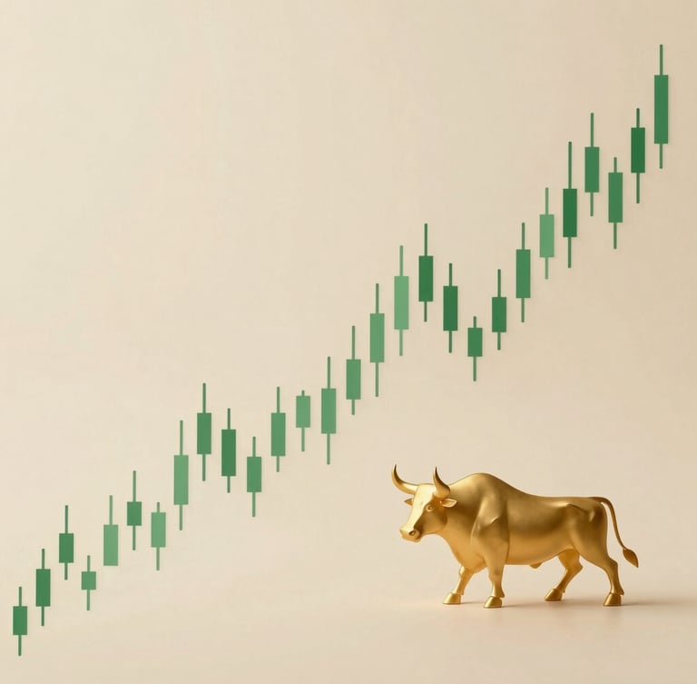 A minimalist, warm-toned composition of abstract financial growth curves, a subtle gold-accented bull silhouette, and clean green candlestick charts on a cream canvas under soft studio light.