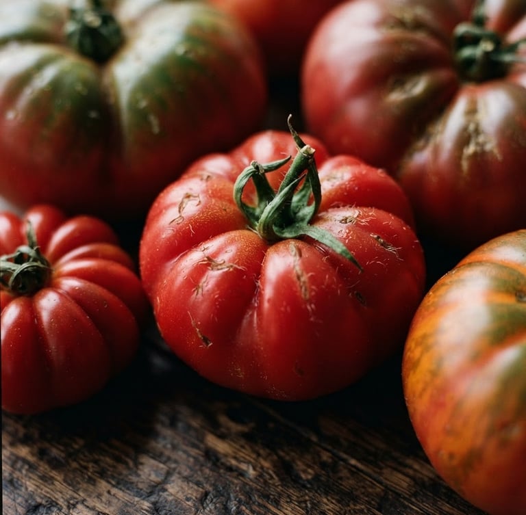 Close-up macro of raw heirloom tomatoes on a dark wooden prep table, soft natural Scandinavian daylight, rich crimson tones, shallow depth of field, 35mm film