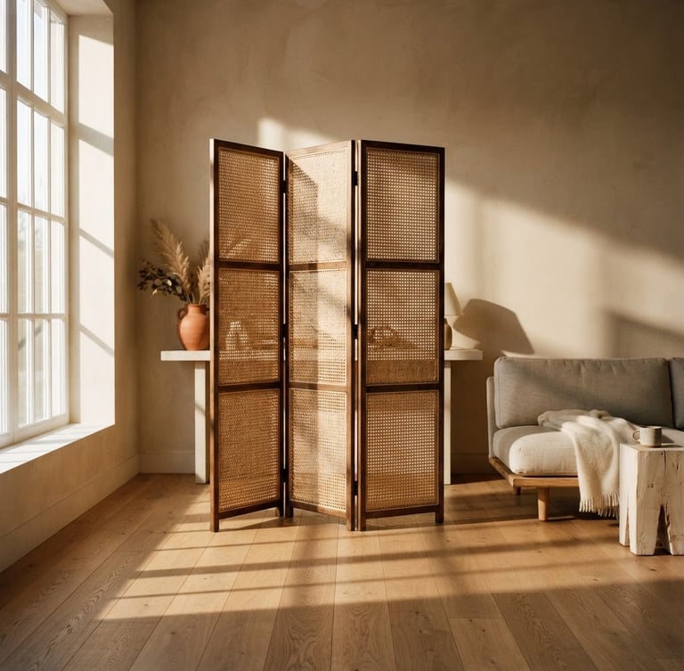 A warm minimalist room with a folding rattan screen casting long shadows in afternoon sunlight, medium format look