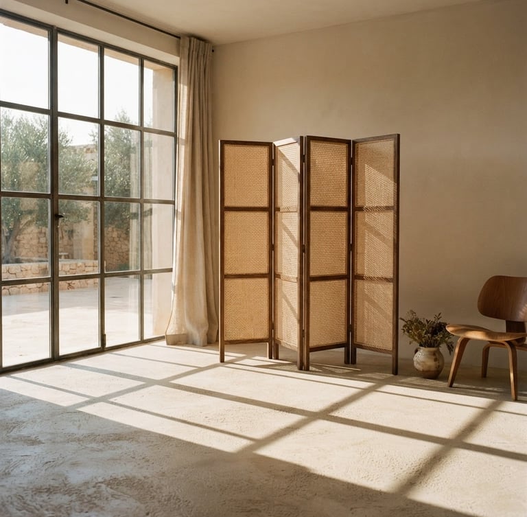 Medium-wide architectural shot of a folding rattan screen casting long, warm shadows in a sunlit minimalist room, natural earth tones, medium format film look
